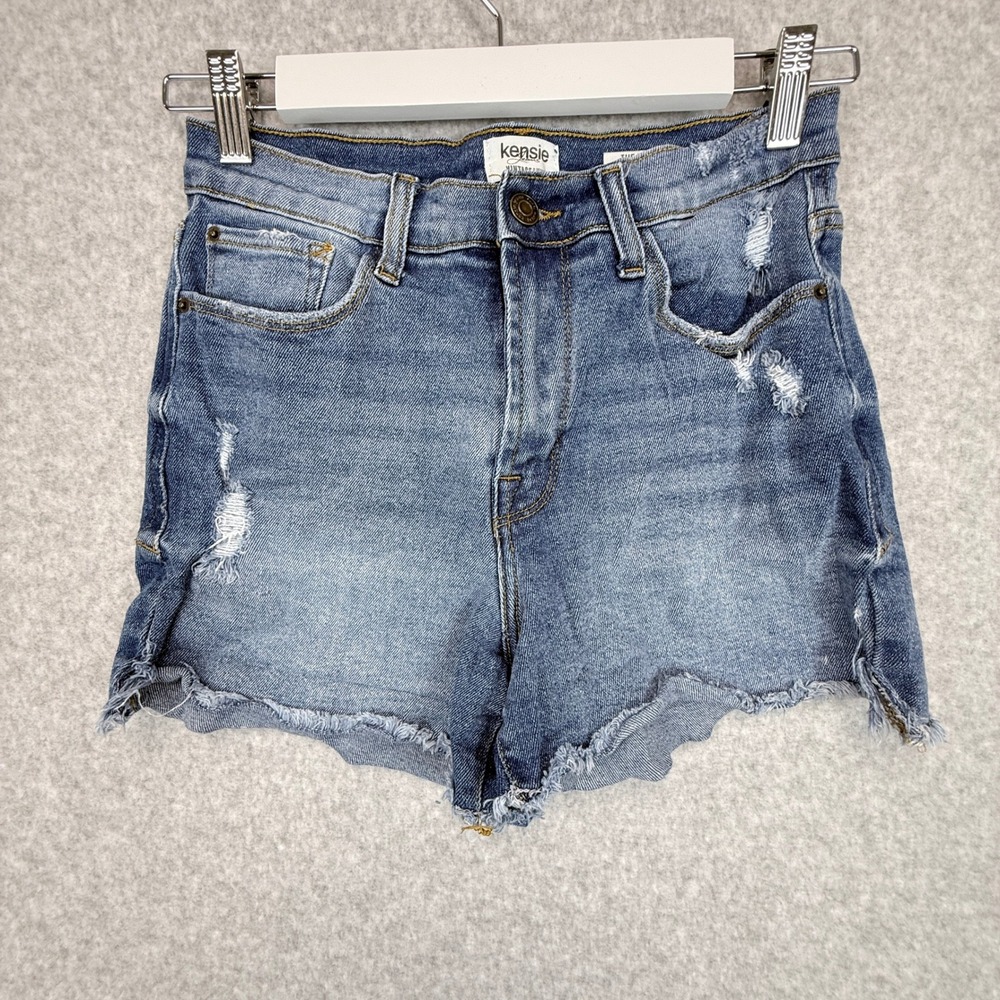 Kensie Denim Shorts Womens 6 Blue High Rise Distressed Raw Hem Summer Boho